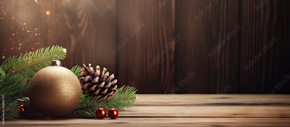Aufkleber A festive Christmas background featuring a fir tree branch adorned with a Christmas ball and a cone on a wooden backdrop. with copy space image. Place for adding text or design