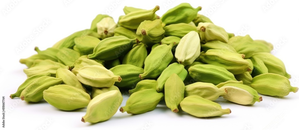 Poster A close up shot displaying green cardamom pods isolated on a white background with copy space available for text or images It represents a spices food and cooking concept