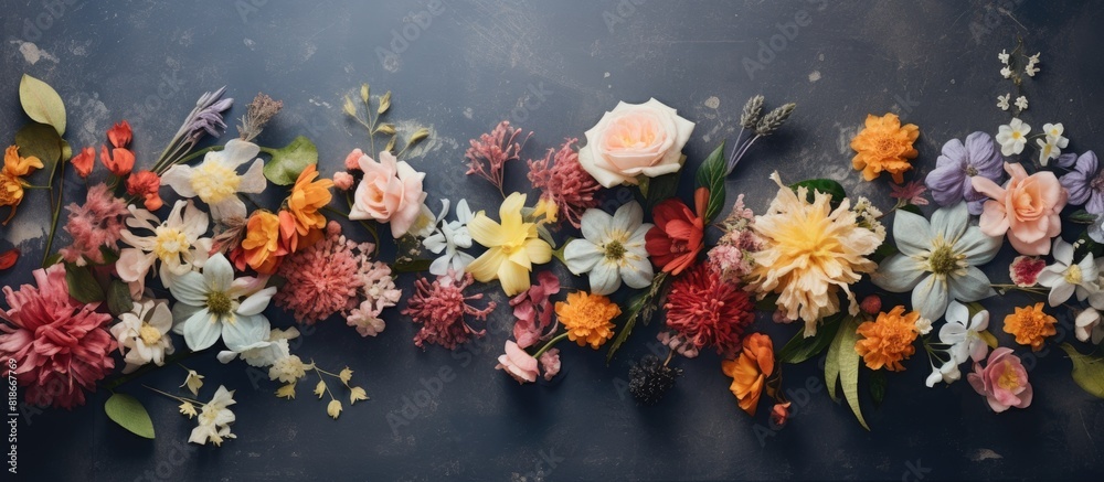Aufkleber The flat lay image shows a composition of flowers on a grey background taken from a top down perspective leaving empty space for copy