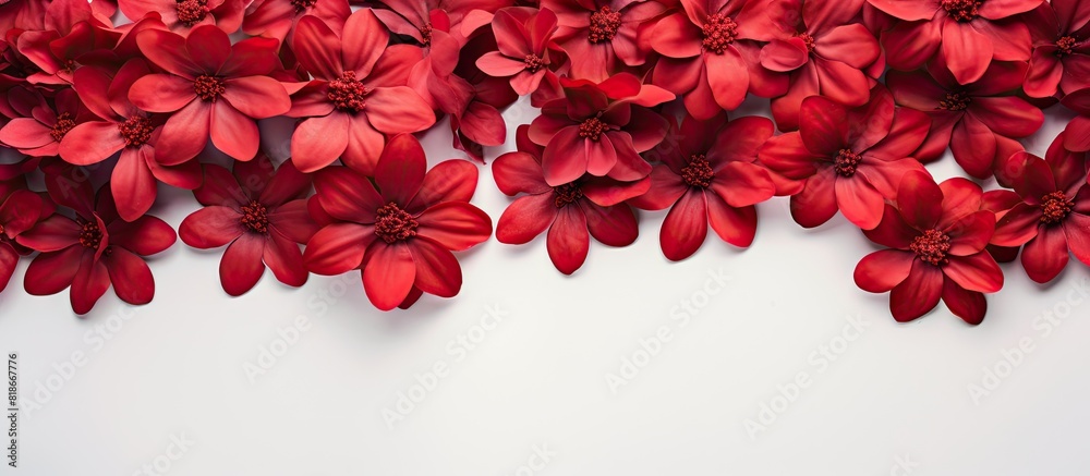Poster A pile of artificial red flowers arranged in a top down view for a textured background on a white surface Copy space image with a flat overhead perspective
