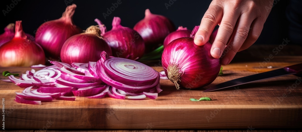 Poster a female hand is seen meticulously slicing big shallots red onions on a wooden cutting board with a 