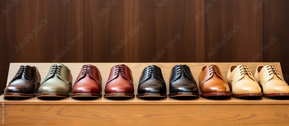 Aufkleber A collection of leather shoes is displayed on a shoe box against a backdrop of smooth polished wood creating a visually appealing copy space image