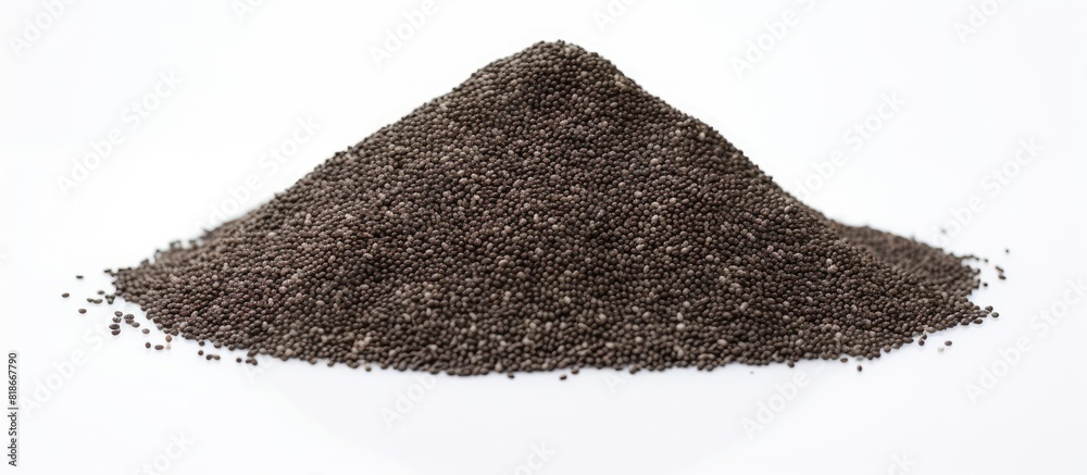 Poster copy space image of a heap of nutritious chia seeds set against a clean white backdrop lamiaceae