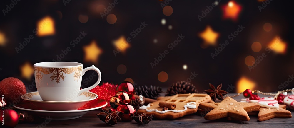 Poster a festive copy space image featuring a cup of tea accompanied by christmas cookies set on a table ad
