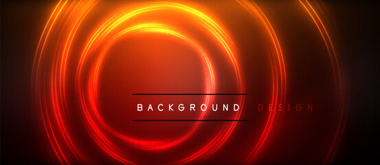 Neon glowing circle rays, light round lines in the dark, planet style neon wave lines. Energetic electric concept design for wallpaper, banner, background