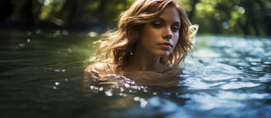 Image of a beautiful girl gracefully swimming in the tranquil lake with plenty of copy space surrounding her