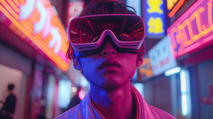 Obraz premium VR and AR technology futuristic concept. Man wearing 3d VR headset glasses looks up in cyberspace of metaverse.