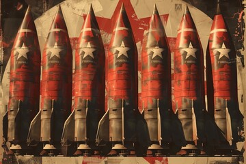 Vintage military rockets with red and white star designs in a row, symbolizing strength and power, set against a grungy background.