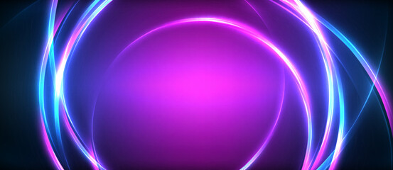 Neon glowing circle rays, light round lines in the dark, planet style neon wave lines. Energetic electric concept design for wallpaper, banner, background