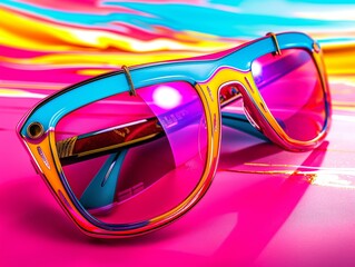 Vibrant multicolored sunglasses with a bold, playful design featuring bright pink, blue, and yellow hues, set against a colorful background.