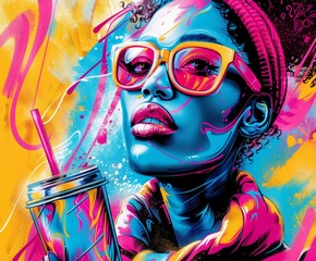 Vibrant neon portrait of a stylish black woman in sunglasses, enjoying a drink. Pop Art style fashion Illustration.