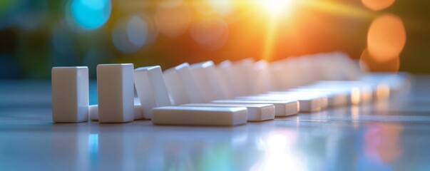 Bright and clean illustration of dominoes with each piece labeled as a business milestone, falling in sequence, minimalistic style with space for text