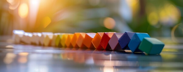 Bright and minimalistic depiction of dominoes forming a path as they fall, representing the journey of business development, detailed and colorful with space for text