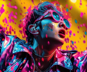 Vibrant party scene with a stylish Young Asian male wearing sunglasses and surrounded by colorful confetti. High-energy, celebratory moment. Pop Art style Illustration.