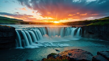 big wide waterfall at sunset