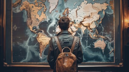 Fototapeta premium Man carrying travel bag looking at large map, AI generated Image