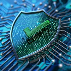 A digital security shield icon over a circuit board representing cybersecurity, data protection, and secure technology systems.