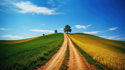 Obraz premium a dirt road in the fields goes up to the top of the hill on which the tree stands