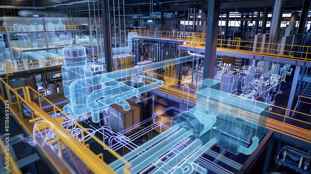 Poster a virtual model of a smart factory, mirroring real-time operations of the physical factory, optimizi