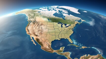 Physical map of North America, USA, Canada and Mexico.