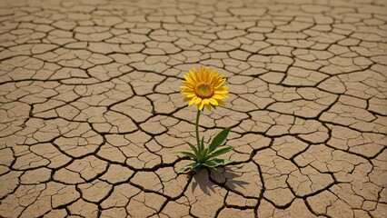 sunflower or chrysanthemum flower rose in the middle of drought on cracked ground