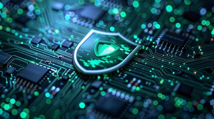 Fototapeta premium Close-up of a digital shield symbolizing cybersecurity protection on a green circuit board, representing advanced security technology.