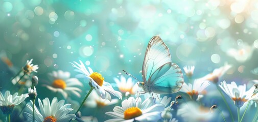 Background flower butterfly spring garden floral beauty blossom plant blue. Garden spring butterfly background summer flower field white color season banner daisy wild morning nature meadow bloom teal - Powered by Adobe