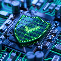 Close-up of a green glowing shield hologram on a microchip, representing cybersecurity and protection technology.