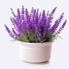  A white pot of lavender flower on white background