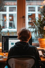 Photo from the back of a man working at a computer, AI generated Image