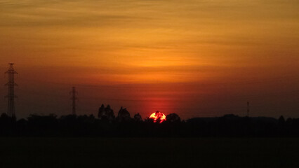 The sun sets over the rice field. Location place delta Kien Giang, Viet Nam.  Magical sunset.