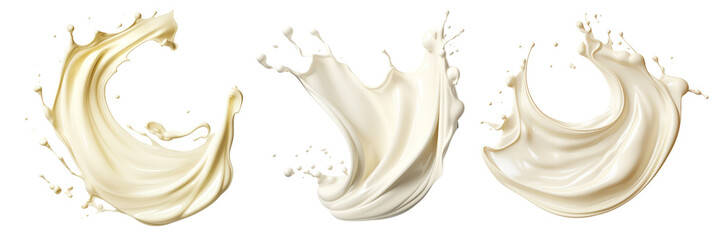 Collection of white chocolate liquid paint milk splash swirl wave isolated on white background