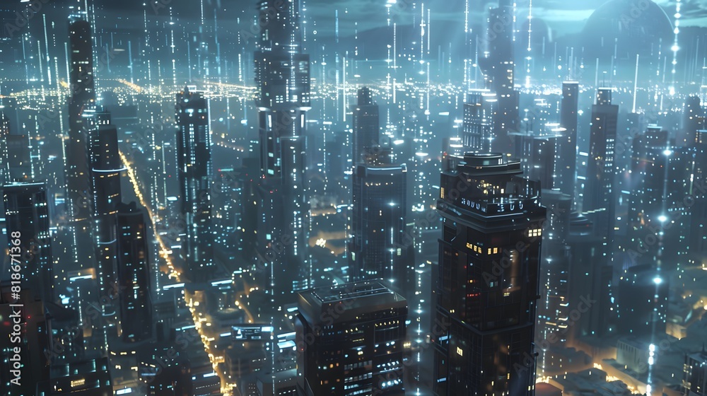 Poster a futuristic cityscape with data processing hubs located at various points, close to iot devices, sh