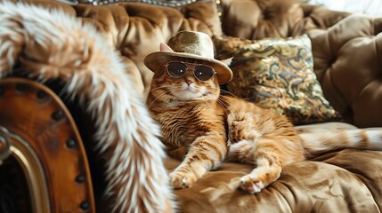 A trendy cat wearing a miniature hat and sunglasses, lounging on a fur-covered chaise longue in a fashion-forward setting