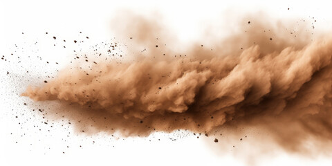 Obraz premium Sandstorm, dusty cloud of sand flying in the air isolated on white background, Dynamic Brown Smoke Clouds Texture, for backgrounds, textures, or abstract designs