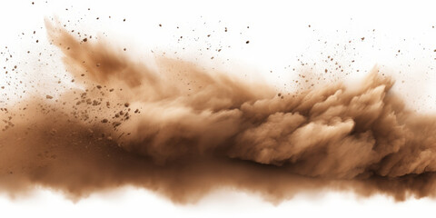 Sandstorm, dusty cloud of sand flying in the air isolated on white background, Dynamic Brown Smoke Clouds Texture,  for backgrounds, textures, or abstract designs