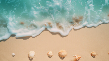 Fototapeta na wymiar A beach scene with a large wave and a few shells on the sand