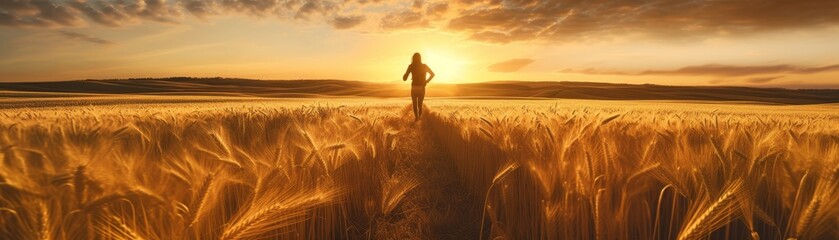 Person running through golden field at sunset