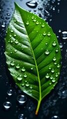 green leaf adorned with water droplets against dark wet background, vertical banner. concepts: environment, clean energy or water conservation campaigns, nature backgrounds for websites or apps