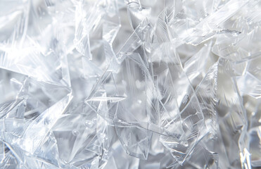 White crystal, ice crystals, many small pieces of white transparent glass in the shape of irregular prism. Created with Ai