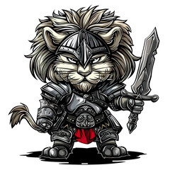 Fototapeta premium Brave lion soldier cartoon holding sword. Strong lion warrior cartoon design