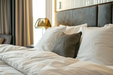 Comfortable bed with white sheets and pillows in a hotel room