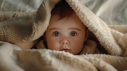 A beautiful baby peeks out from under the blanket, a close-up portrait.