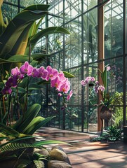 Caring for a rare species of orchids in a controlled greenhouse Theme: plant breeding - front view - exotic blooms - advanced tone - Monochromatic Color Scheme