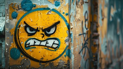Yellow angry face painted on an old wall in graffiti style.
