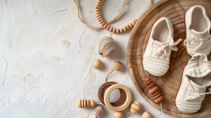 Baby shoes and teethers. Organic newborn accessories. copy space