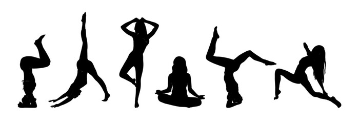 Silhouettes of different sportive young women doing yoga, fitness exercises. Healthy lifestyle. Collection of female vector icons demonstrating various yoga positions isolated, transparent background.