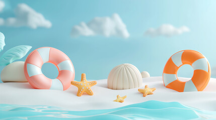 Summer beach vacation scene featuring summer sales stand and beach accessories for displaying products, creative travel concept for product display, 3d