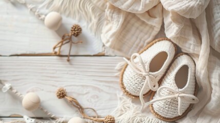 Baby shoes and teethers. Organic newborn accessories. copy space