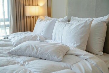 Comfortable bed with white sheets and pillows in a hotel room